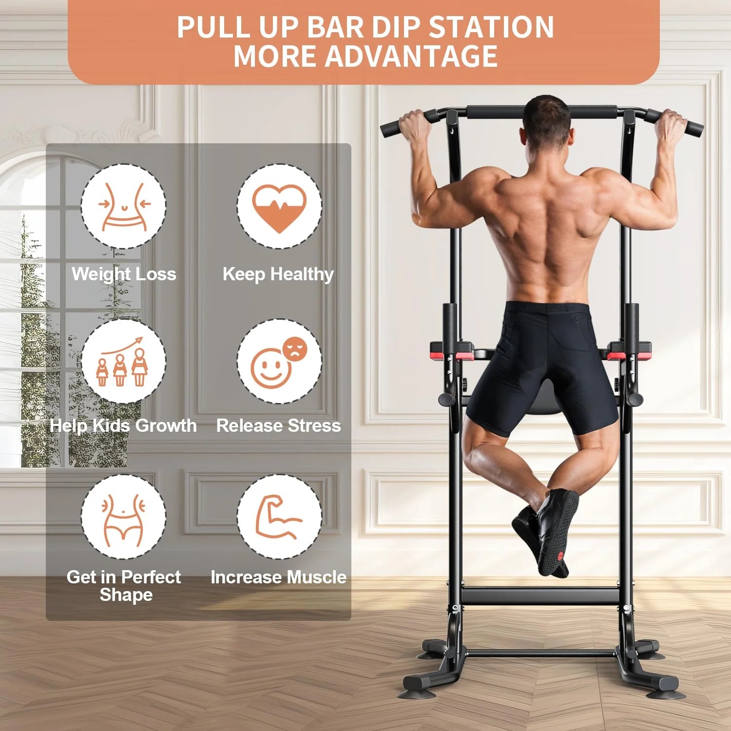 Pull up Bar Power Tower Dip Station Height Adjustable Strength Training Equipment for Fitness Home Workout Steel