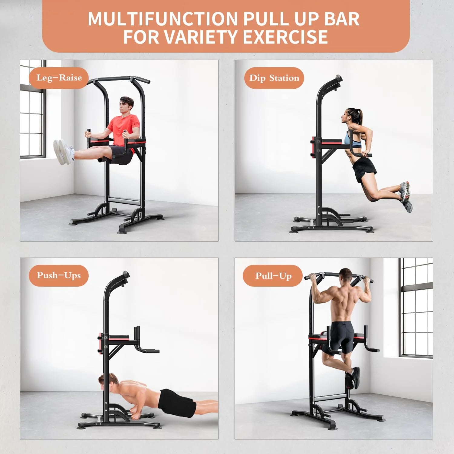 Pull up Bar Power Tower Dip Station Height Adjustable Strength Training Equipment for Fitness Home Workout Steel